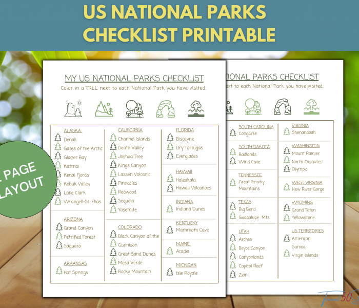 US National Parks Checklist Printable 2 Page Layout