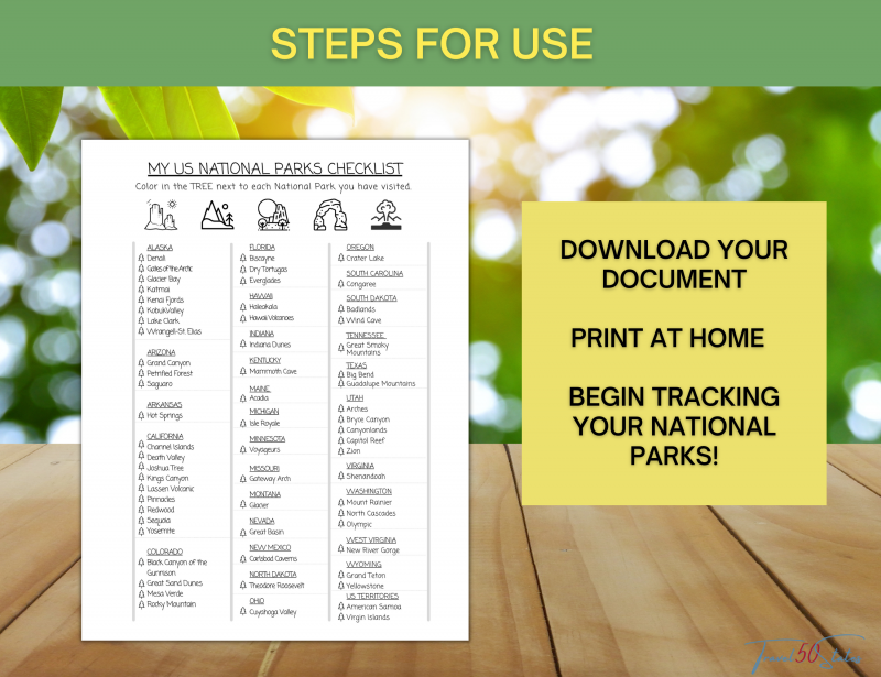 US National Parks Checklist Printable