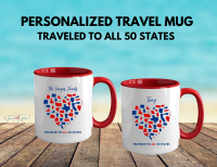 personalized traveled to all 50 states mug. red interior, red handle. blue and white states in heart shape.