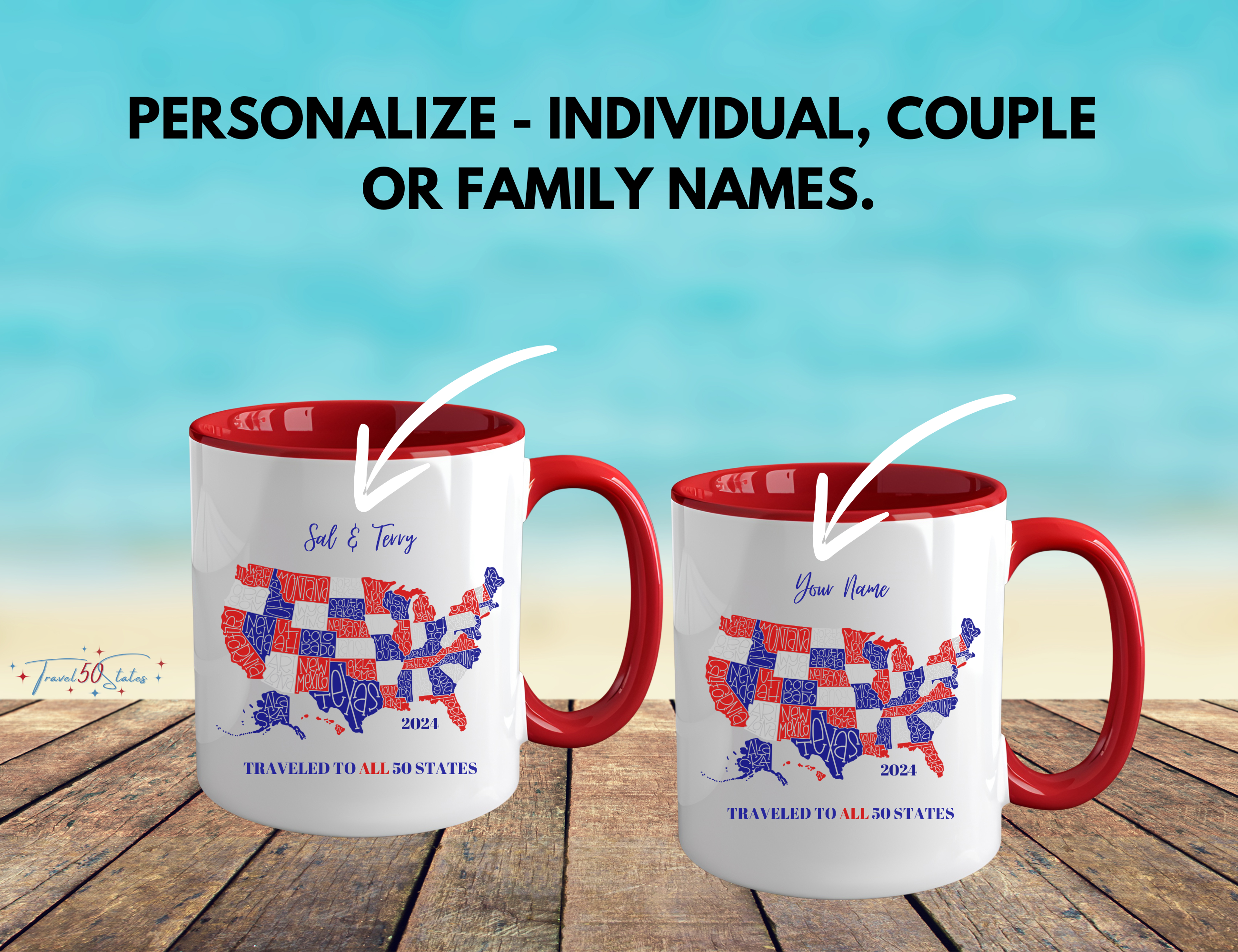 red white blue United States map with personalized name and traveled to all 50 states printed on ceramic coffee mug, 11oz. personalize with individual, couple name, or family name.
