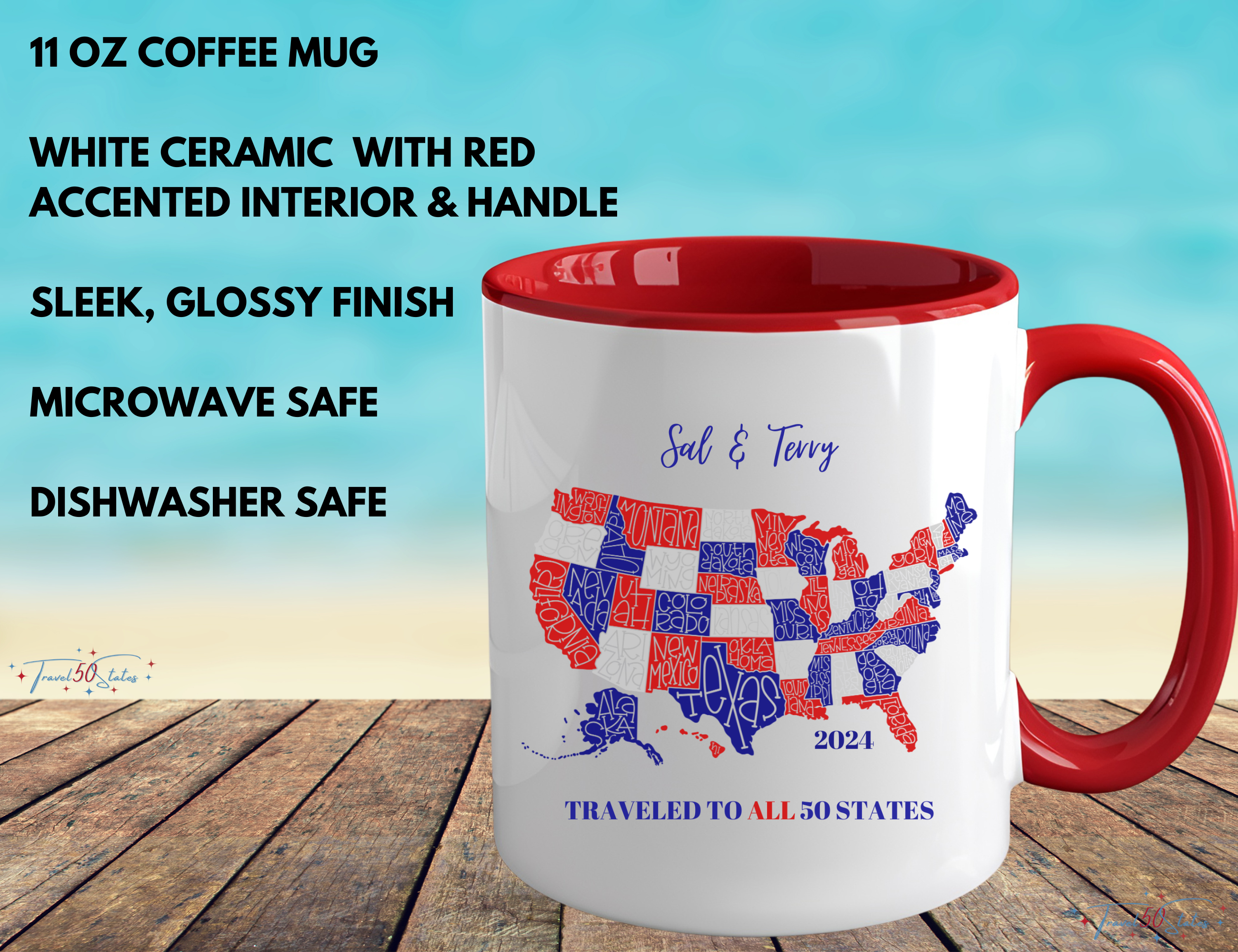 red white blue United States map with personalized name and traveled to all 50 states printed on ceramic coffee mug, 11oz. microwave safe. dishwasher safe. sleek, glossy design.