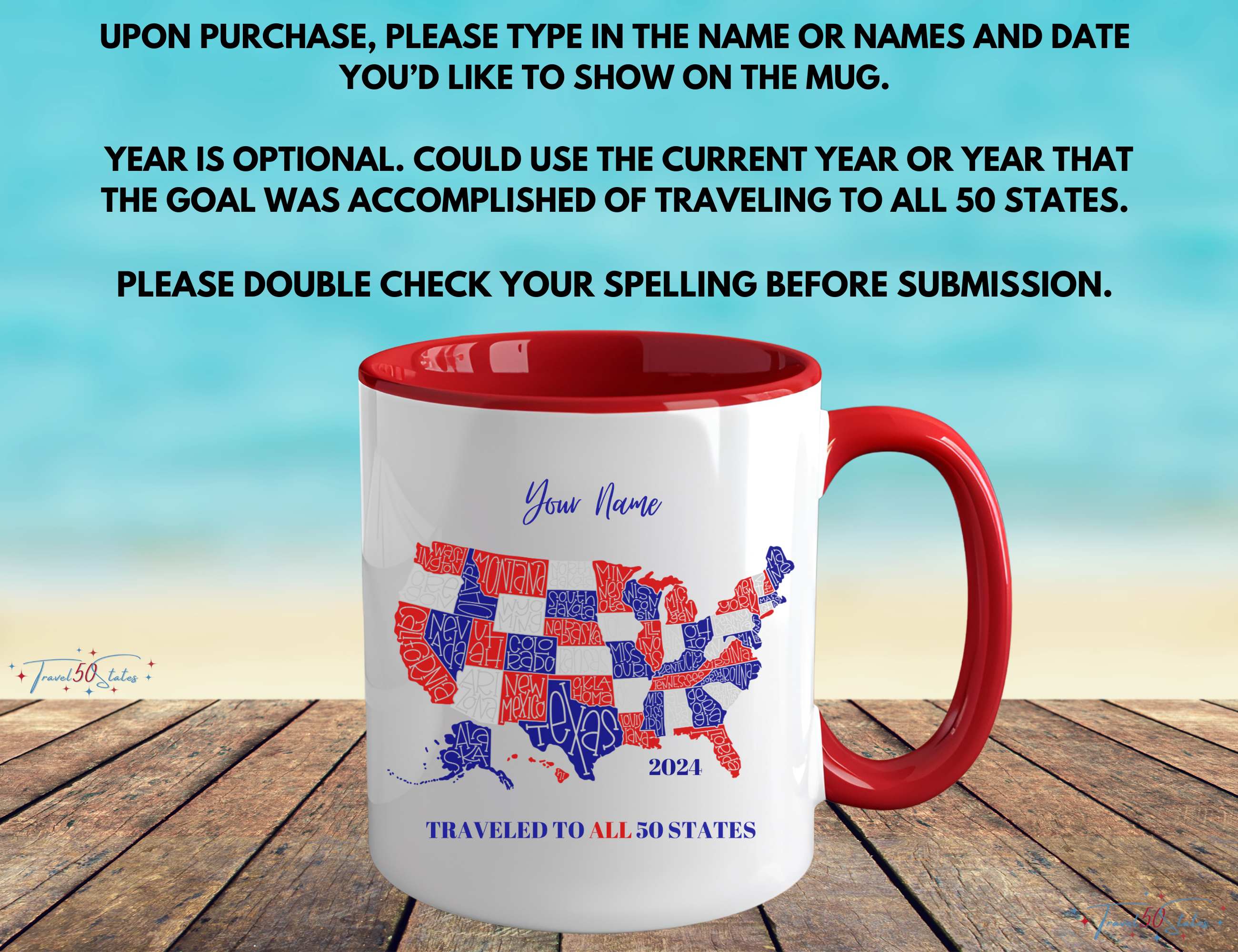 red white blue United States map with personalized name and traveled to all 50 states printed on ceramic coffee mug, 11oz.