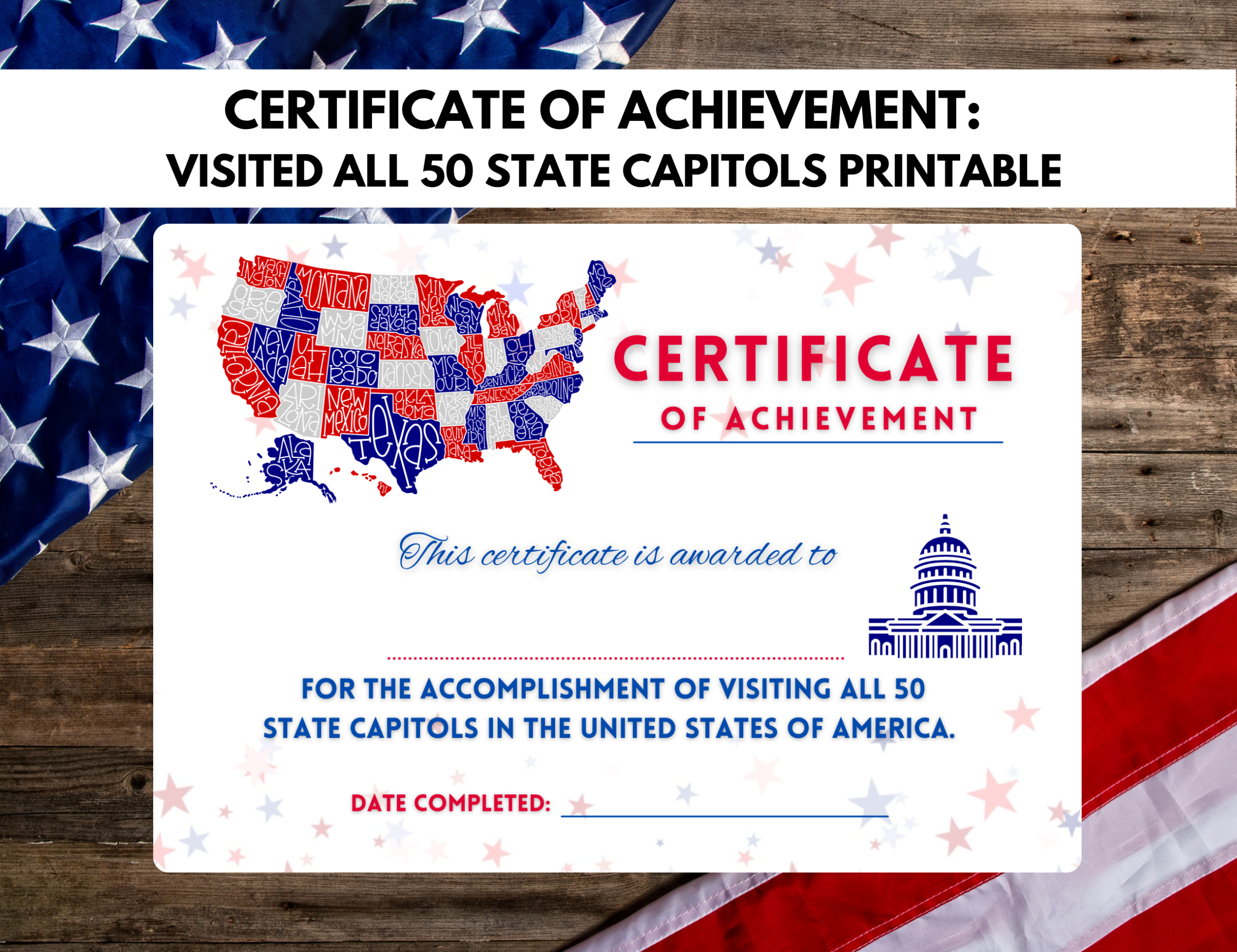 Visited all 50 State Capitols Certificate of Achievement PRINTABLE