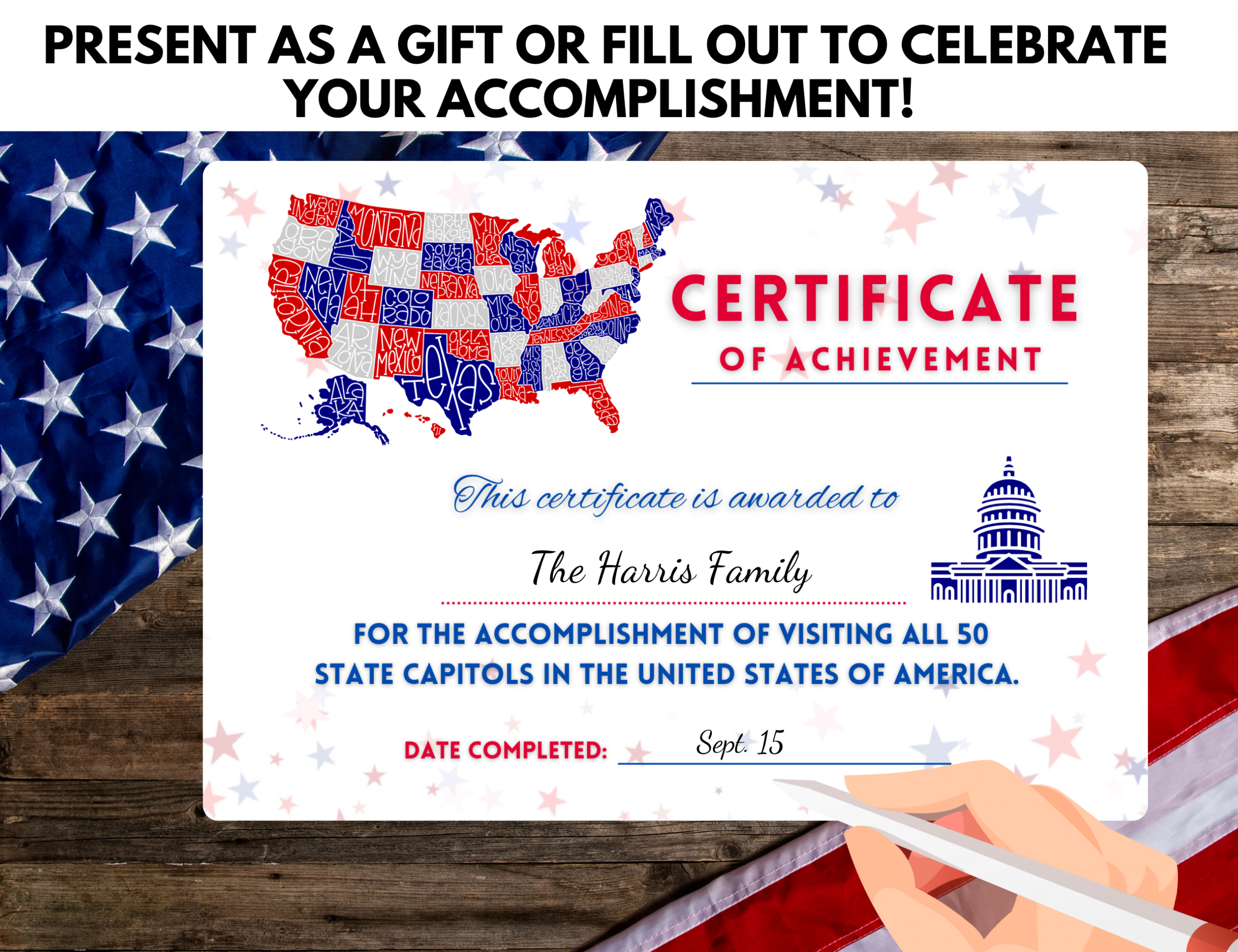 Visited all 50 State Capitols Certificate of Achievement PRINTABLE - Image 4