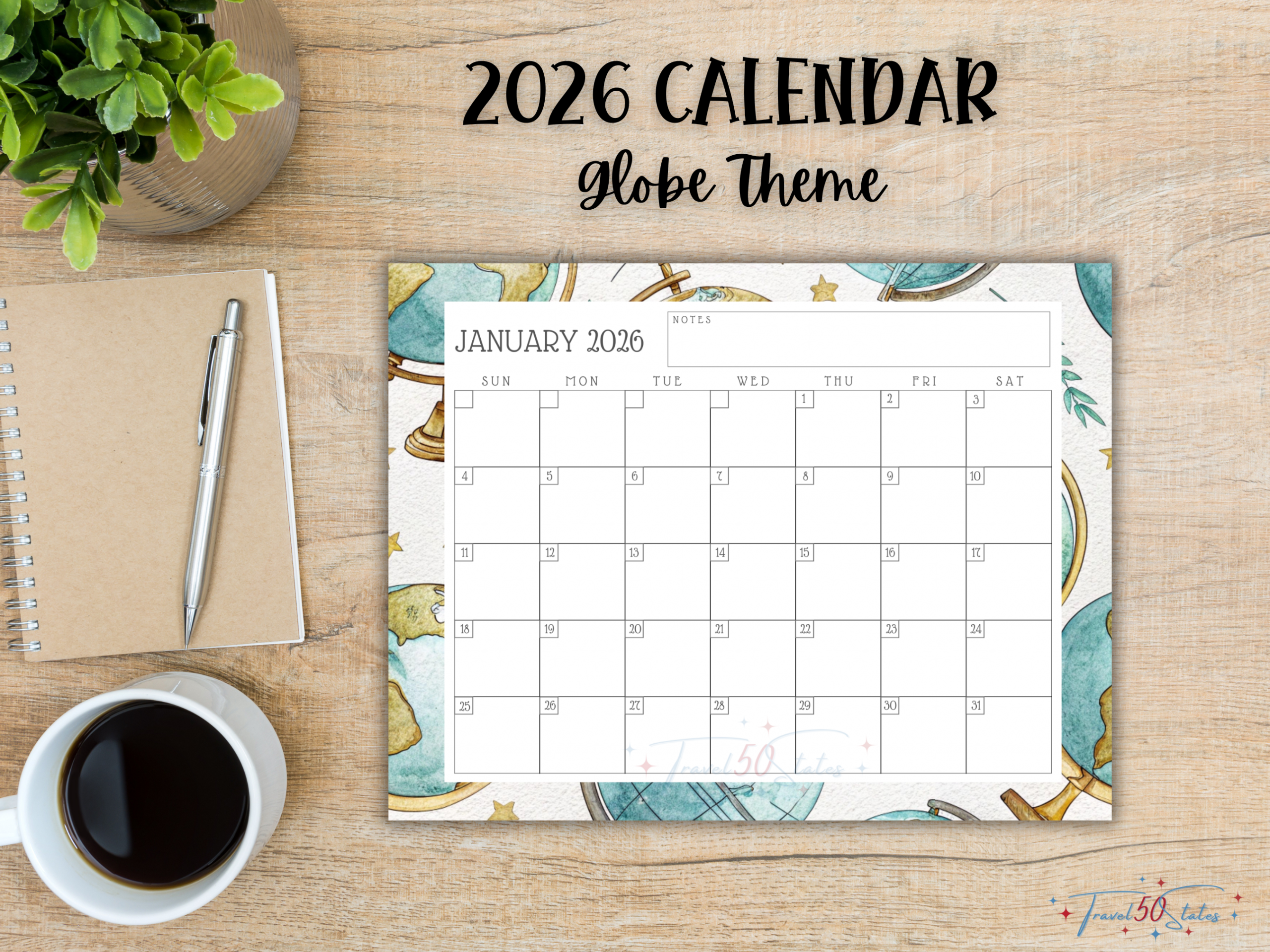 2026 Calendar Printable - Globe Design