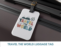 travel the world luggage tag with mountains and a compass