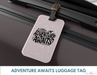 Adventure awaits pink luggage tag with white airplanes. reads adventure awaits in black letters.