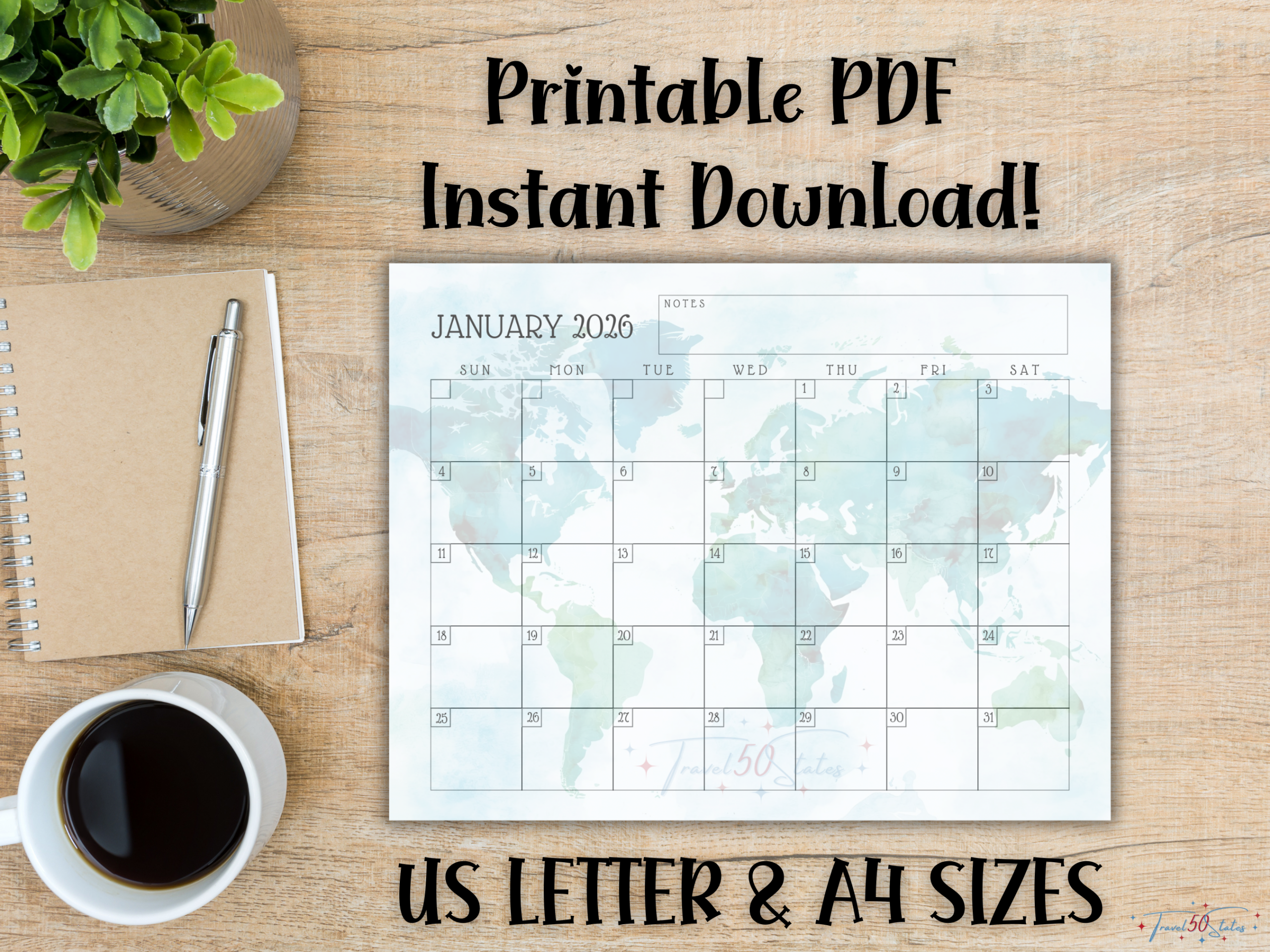 2026 Calendar Printable - World Map Design - Image 2