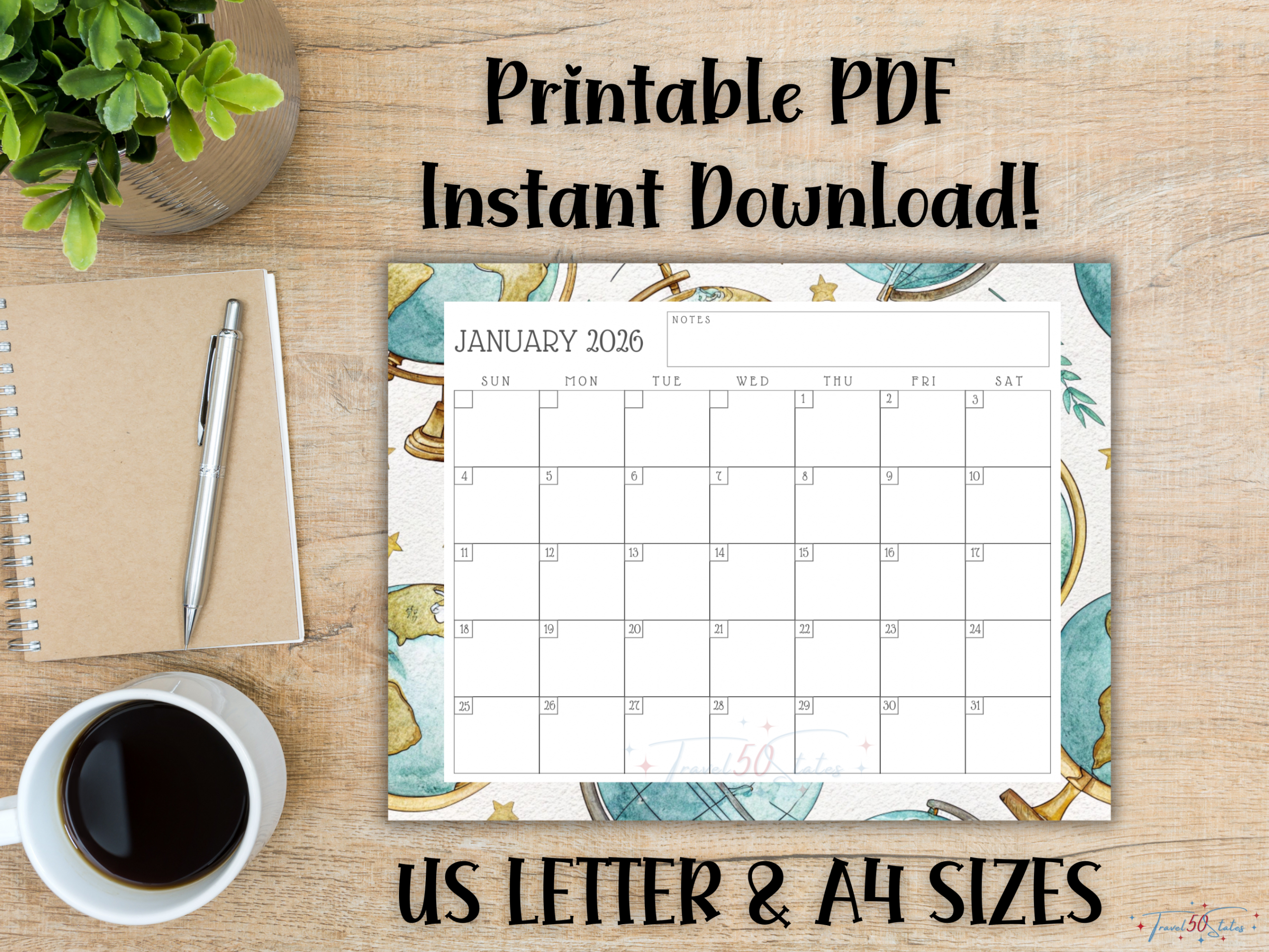 2026 Calendar Printable - Globe Design - Image 2