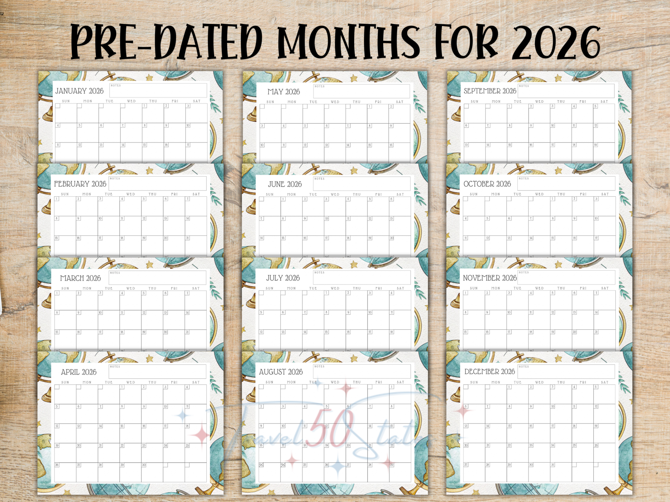 2026 Calendar Printable - Globe Design - Image 3