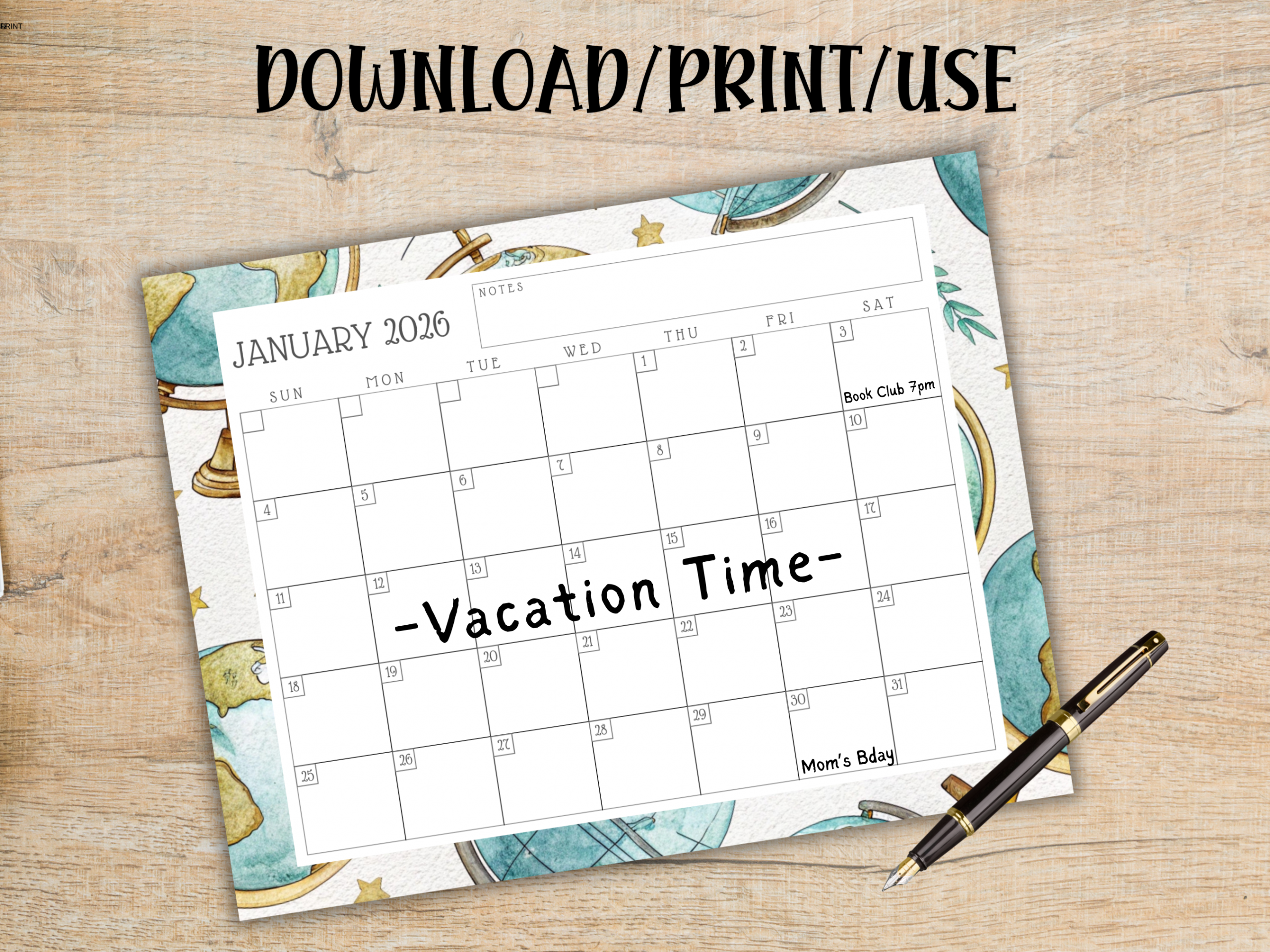 2026 Calendar Printable - Globe Design - Image 4